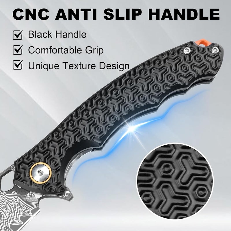 Zingbee Damascus Pocket Knife for Men Women, 3.35" VG10 Core Damascus Steel Blade Folding Knives with Black Aluminum Handle, EDC Camping Knife - Image 5